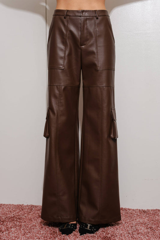 Vegan Leather Cargo Pants - Brown