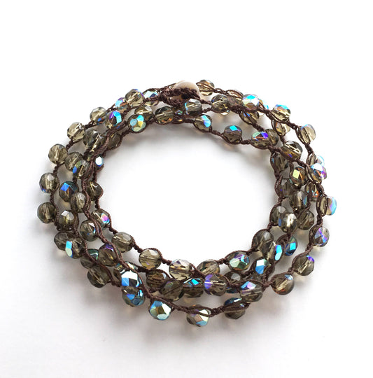 Long Crystal Necklace/Wrap Bracelet in Sparkling Smoke