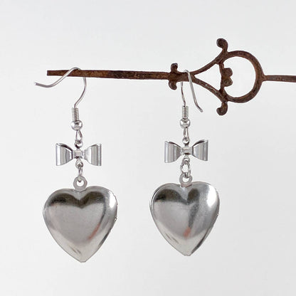 Heart Locket Earrings | Working Lockets with Bow Detail - Stainless Steel
