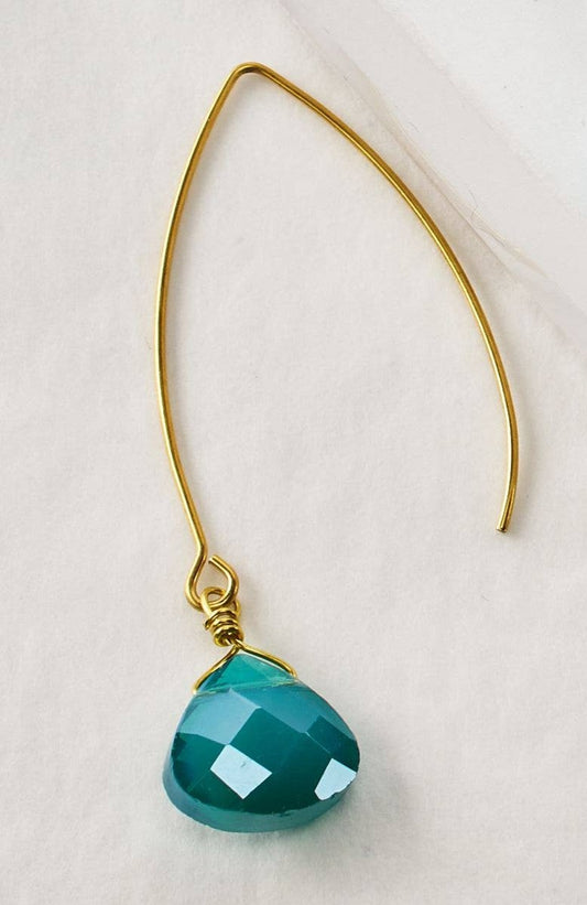 Faceted Crystal Earrings, Briolette on Elongated V-Hook - Gold / Aqua