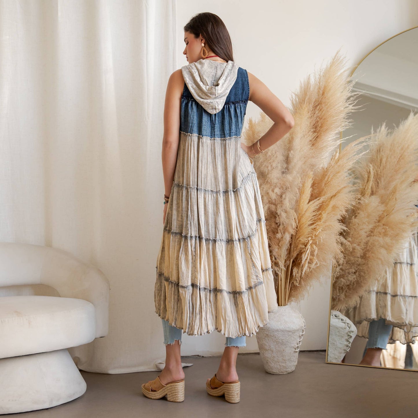 Curve Boho Tiered Duster With Hood - Latte