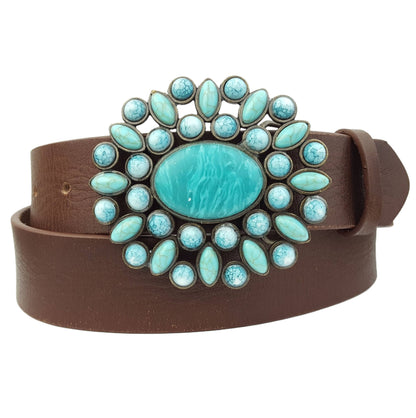 Genuine leather belt w. Western Turquoise Floral Buckle - Black / 32