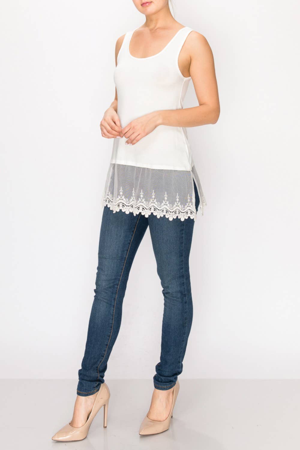 Soft Relaxed Tank With Delicate Floral Laced Hem - Ivory