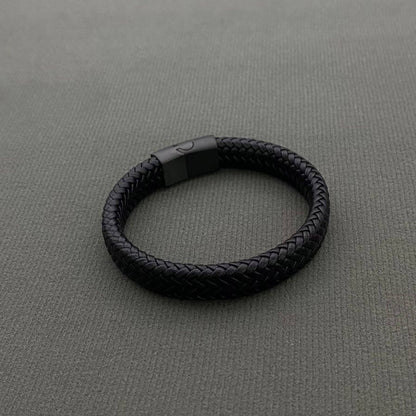 Black PU Leather Men's S.Steel Magnetic Buckle Bracelet