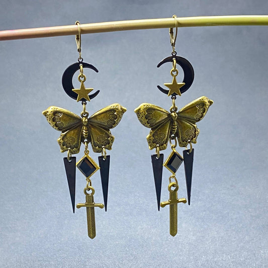 Gothic Style Bronze Butterfly & Sword Dangle Earrings