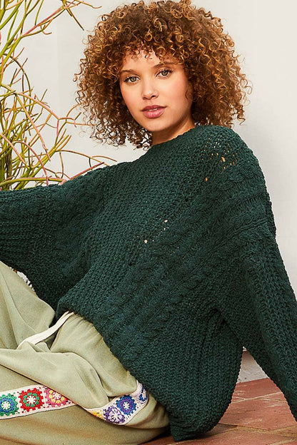 Oversize Cable Knit Chenille Sweater - Dark Green