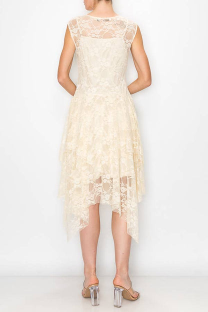 Whimsical Sleeveless Lace Midi Dress With Unattached Slip - Beige