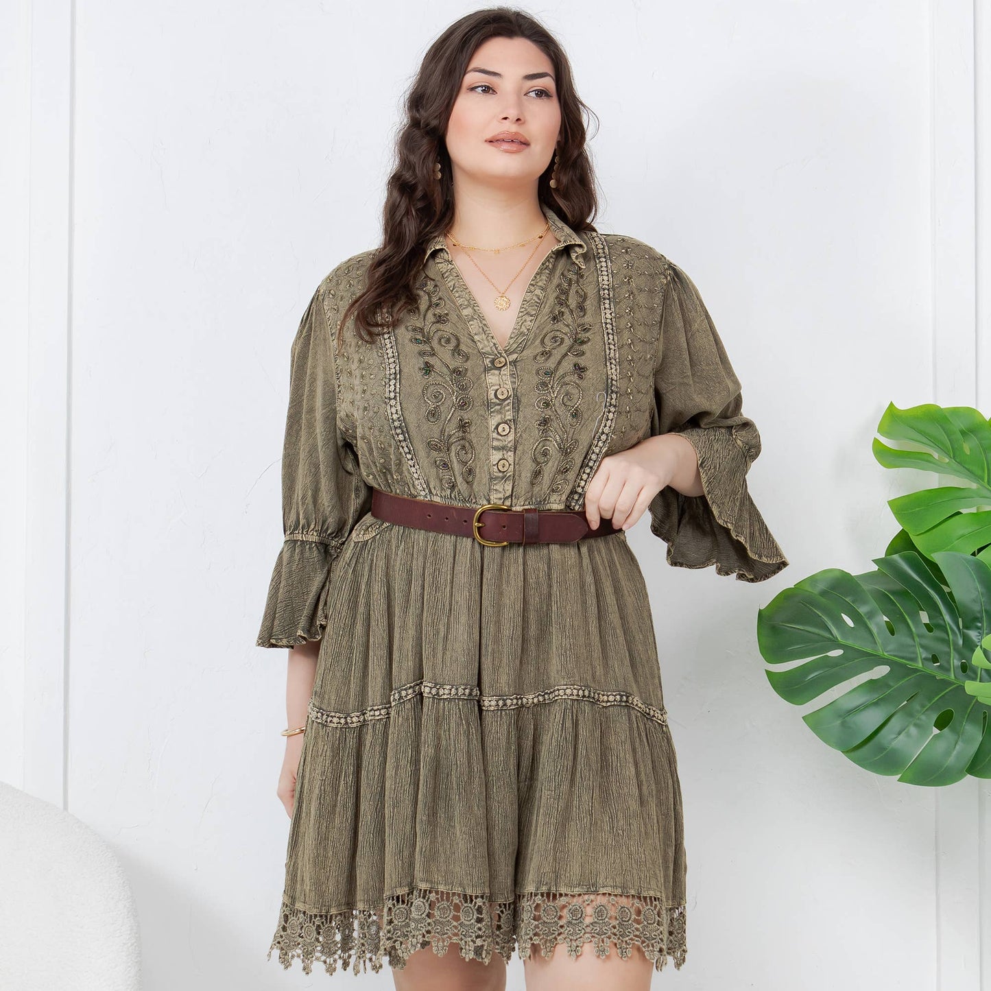 Stone-Washed Baby Doll Dress with V-Neck - GRAVEL