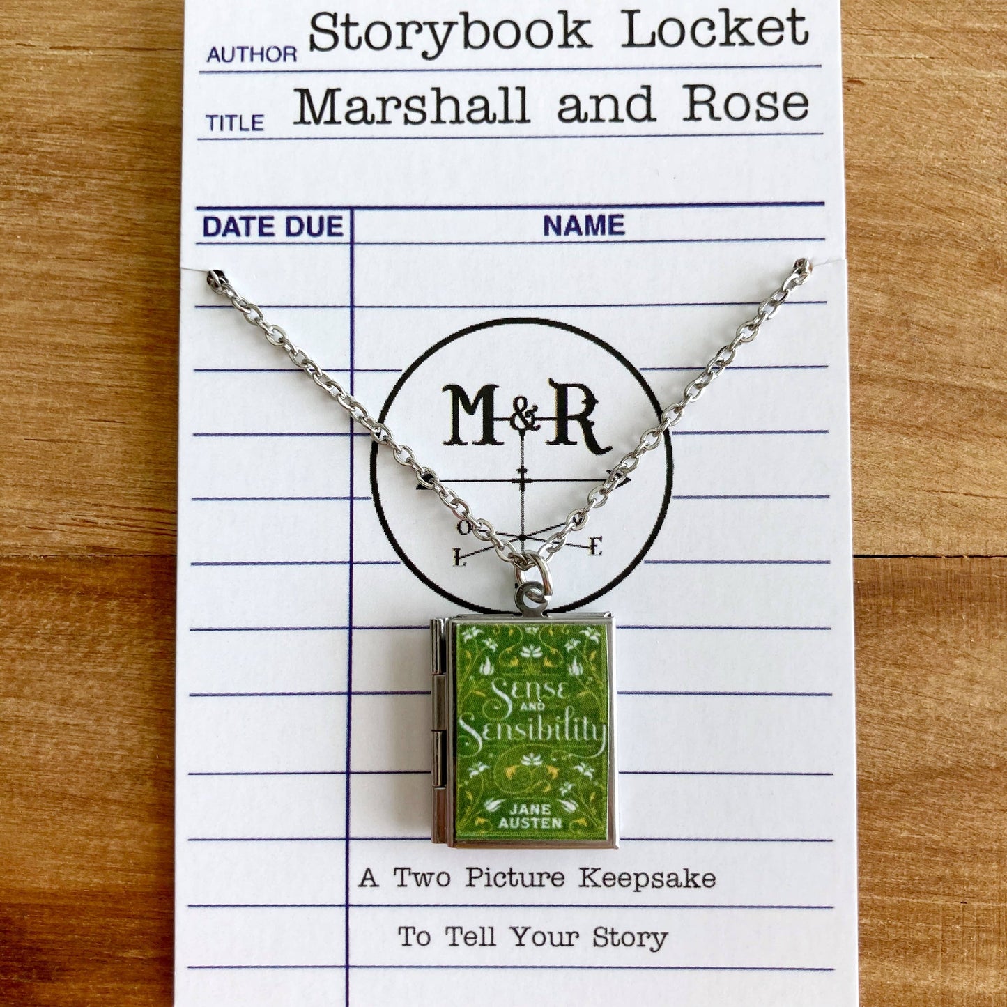 Book Locket Sense and Sensibility - Green Filagree - Stainless Steel
