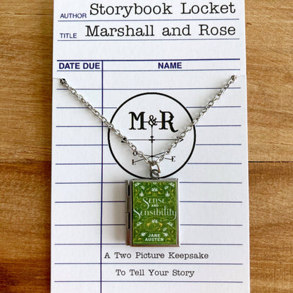 Book Locket Sense and Sensibility - Green Filagree - Stainless Steel