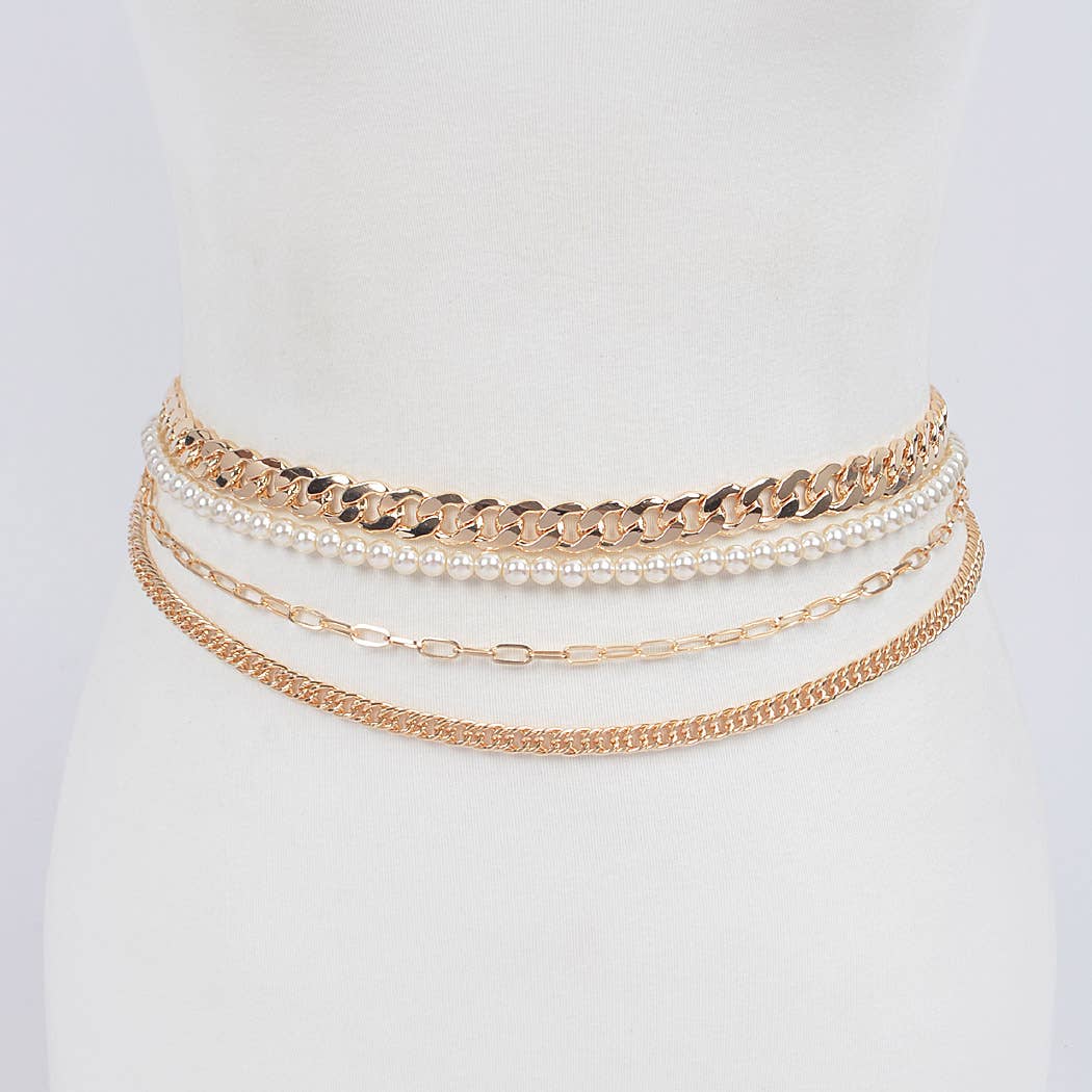 4-Strand Chain Belt with Chunky Chain & Pearls - Gold