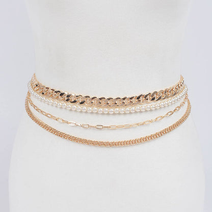 4-Strand Chain Belt with Chunky Chain & Pearls - Gold