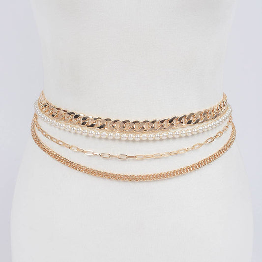 4-Strand Chain Belt with Chunky Chain & Pearls - Gold