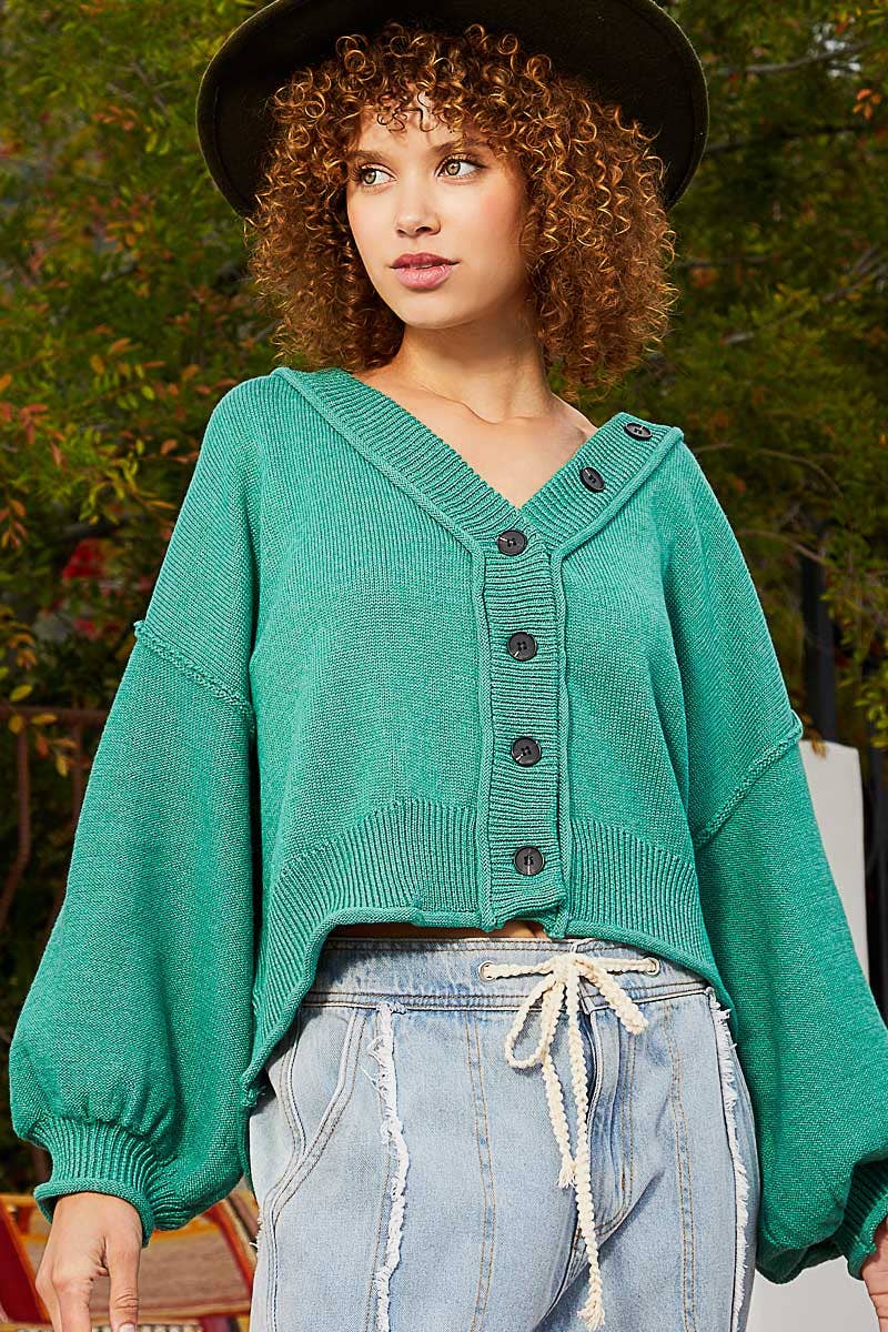 V-neck Dropped Shoulder Relaxed Fit Cardigan - Irish Green - La De Da