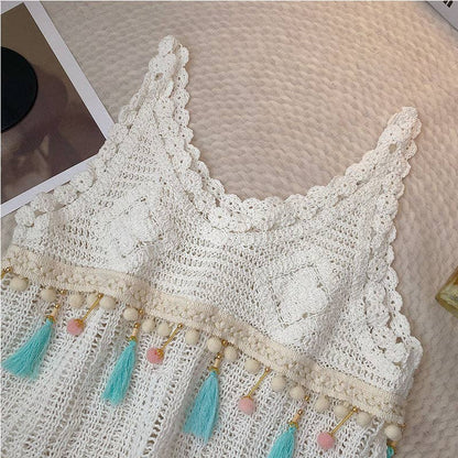 Vintage Fringe Hollow-Out Sleeveless Knit Vest - White