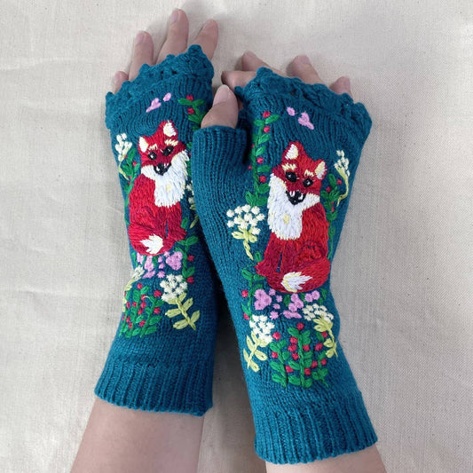 Fox Embroidered Gloves - Blue