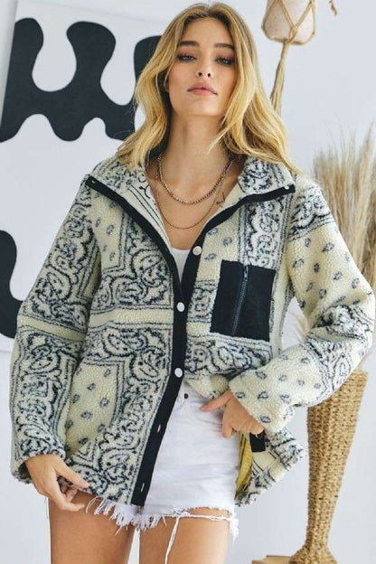 Plus Printed Front Pockets Button Down Jacket - Cream