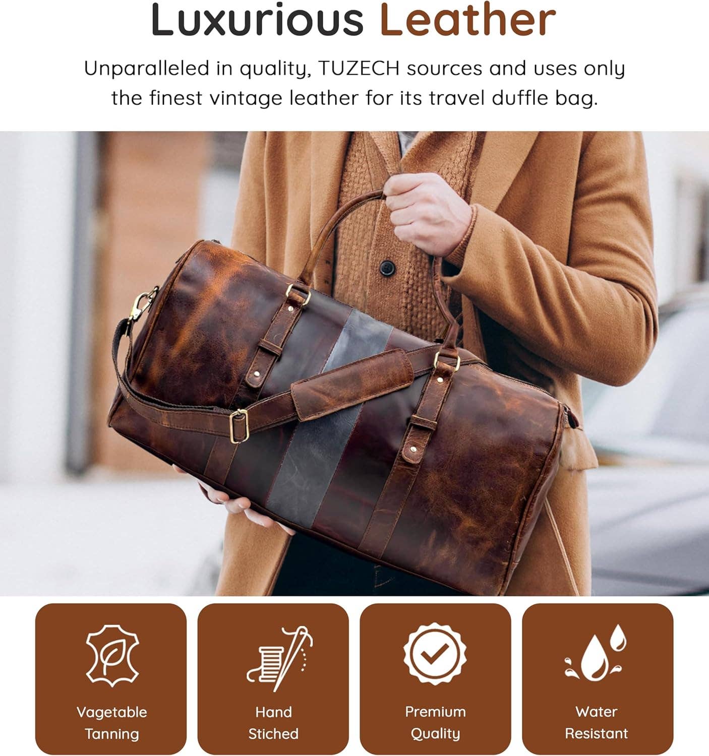 Vintage Leather Duffle Luggage Bag - Brown / 22" Inch