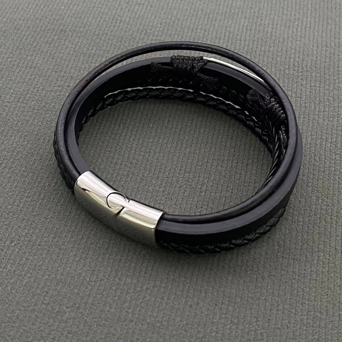 Men's S.Steel Charm Multi-layer Leather Braided Bracelet