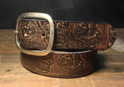 Sugar Skull Embossed Distressed Leather Snap Belt - Antique Brass