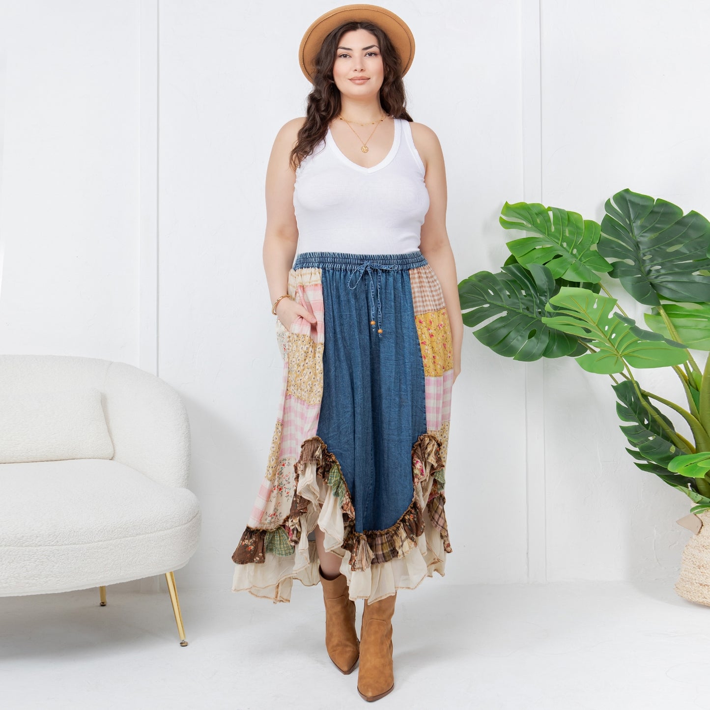 Curve Patchwork Midi Skirt - Denim