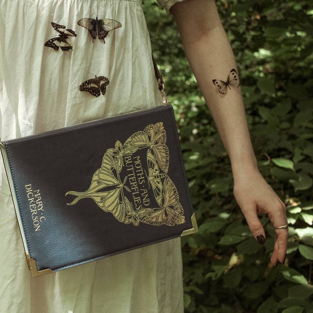 Moths and Butterflies Book Handbag Crossbody Purse - Large