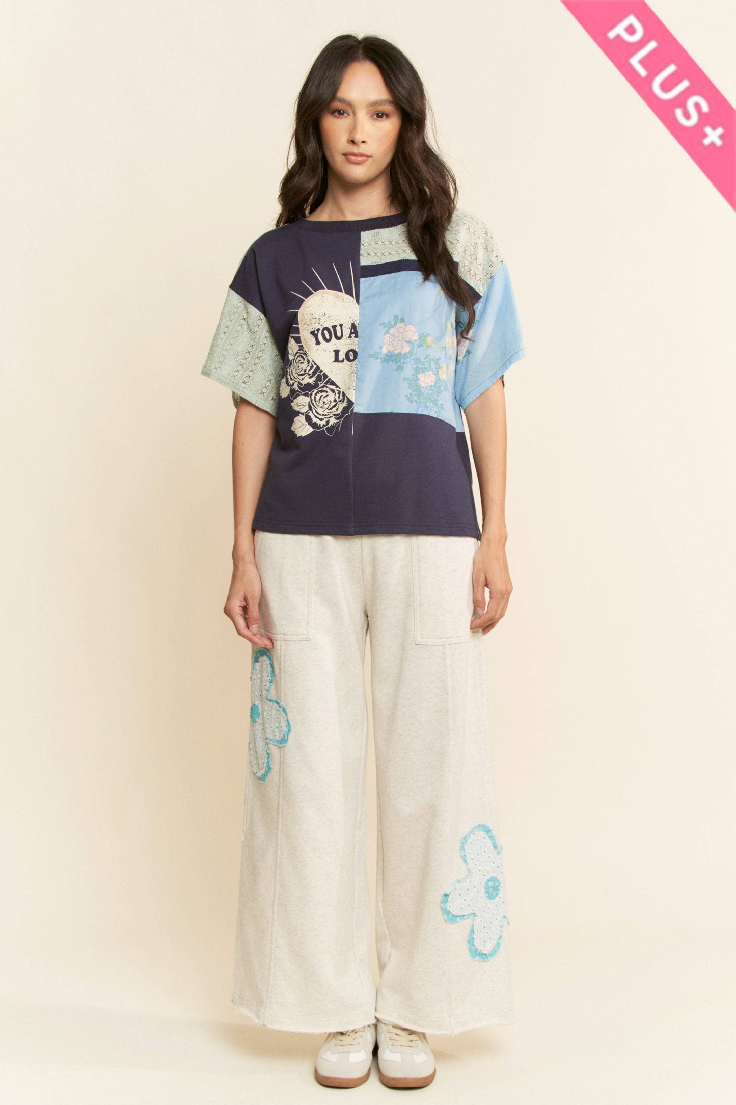 Plus Patchwork Multi Bodice Short Sleeve Top - Navy