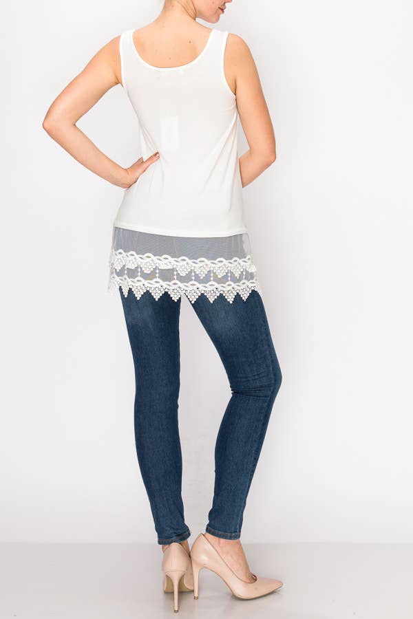 Soft Relaxed Tank With Delicate Floral Laced Hem - Ivory