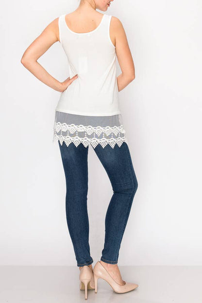 Soft Relaxed Tank With Delicate Floral Laced Hem - Ivory