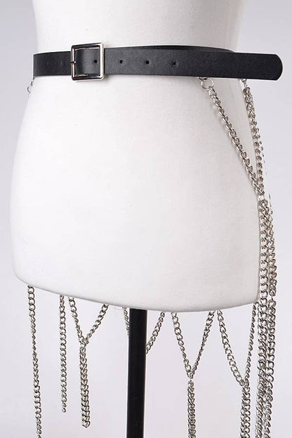 Leather Belt With Chain Skirt - Black Silver