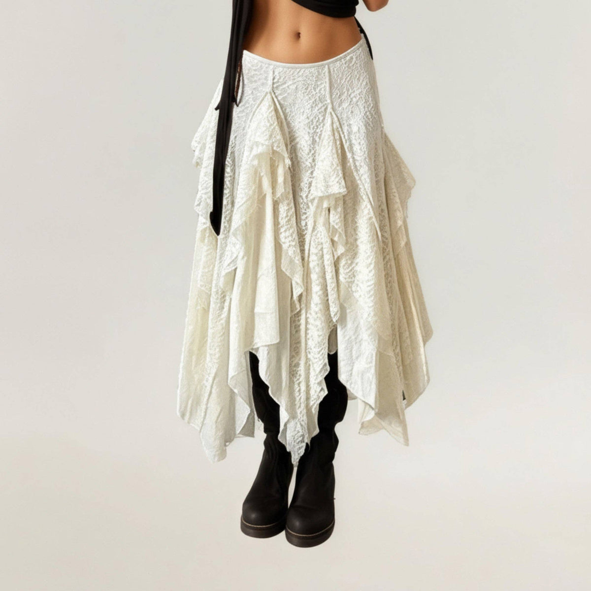 Asymmetrical Layered Lace Maxi Skirt - Light Beige