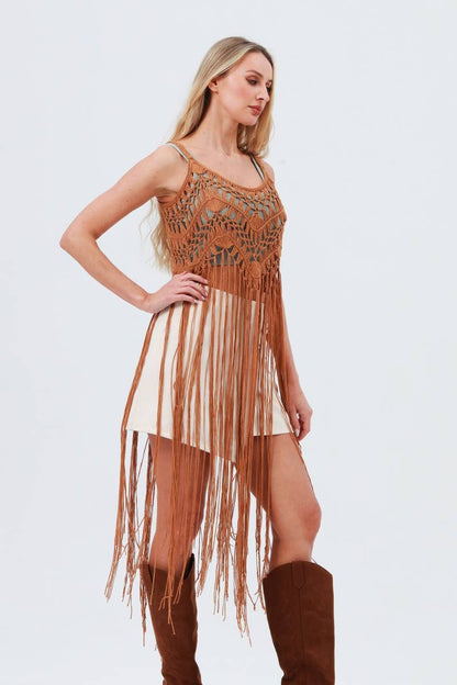 Tassel Fringe Crochet Tops - Camel  ( one size )
