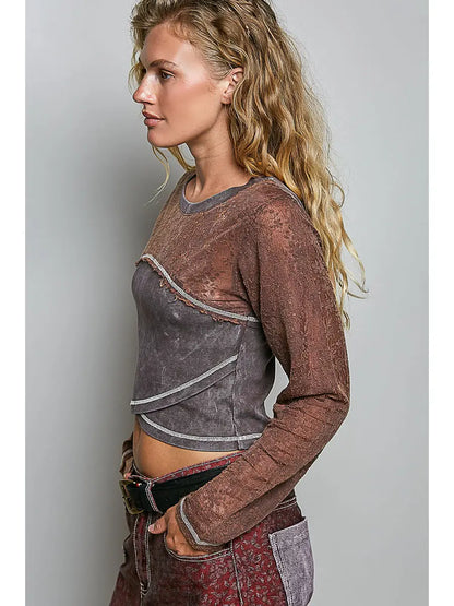 Semi-Sheer Textured Lace Vintage-Wash Crop Rib Knit Top - COCOA