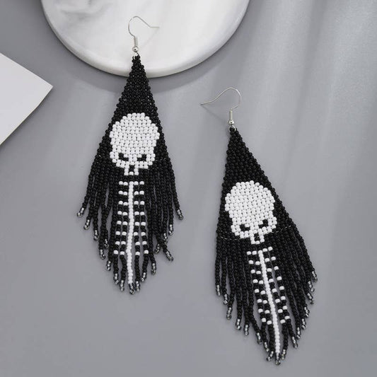 Halloween Skull Ghost Beaded Tassel Earrings - Skull