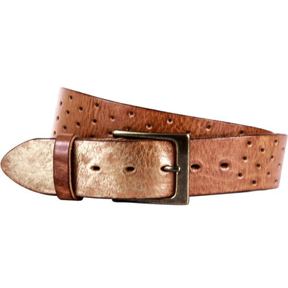 Perforata Curved Handmade Leather Belt *30 - Cognac with Gold Tip