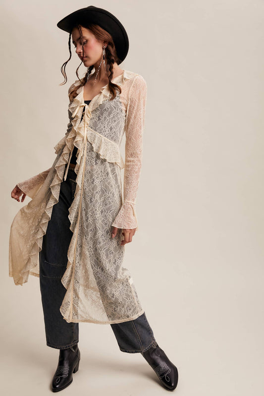 Sheer Lace Ruffle Duster - Ecru