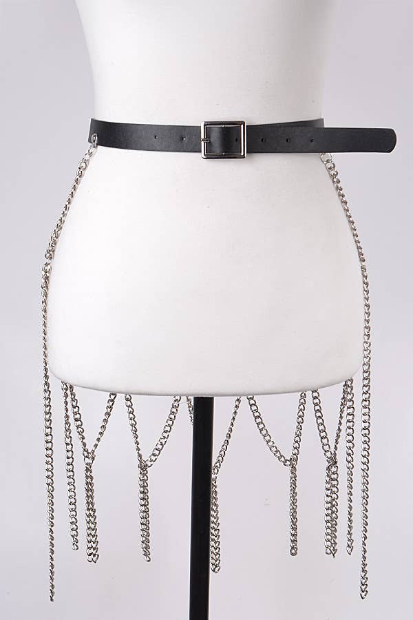 Leather Belt With Chain Skirt - Black Silver