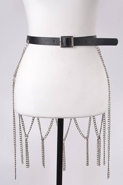 Leather Belt With Chain Skirt - Black Silver
