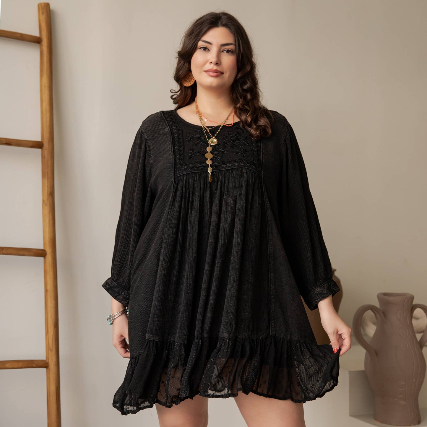 Boho Embroidered Ruffle Hem Babydoll Dress - Charcoal