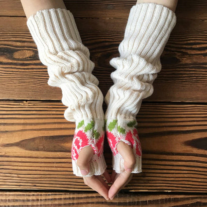 Pink Rose Knitted Jacquard Gloves-Light Apricot