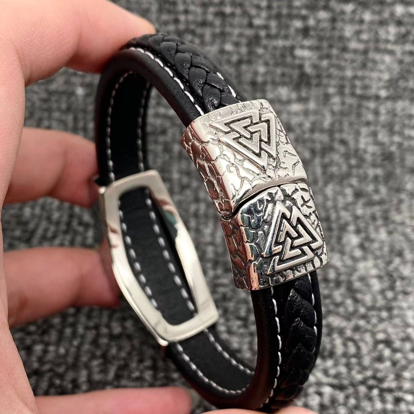 S.Steel Viking Celtic Knot Compass Leather Bracelet