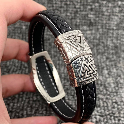 S.Steel Viking Celtic Knot Compass Leather Bracelet