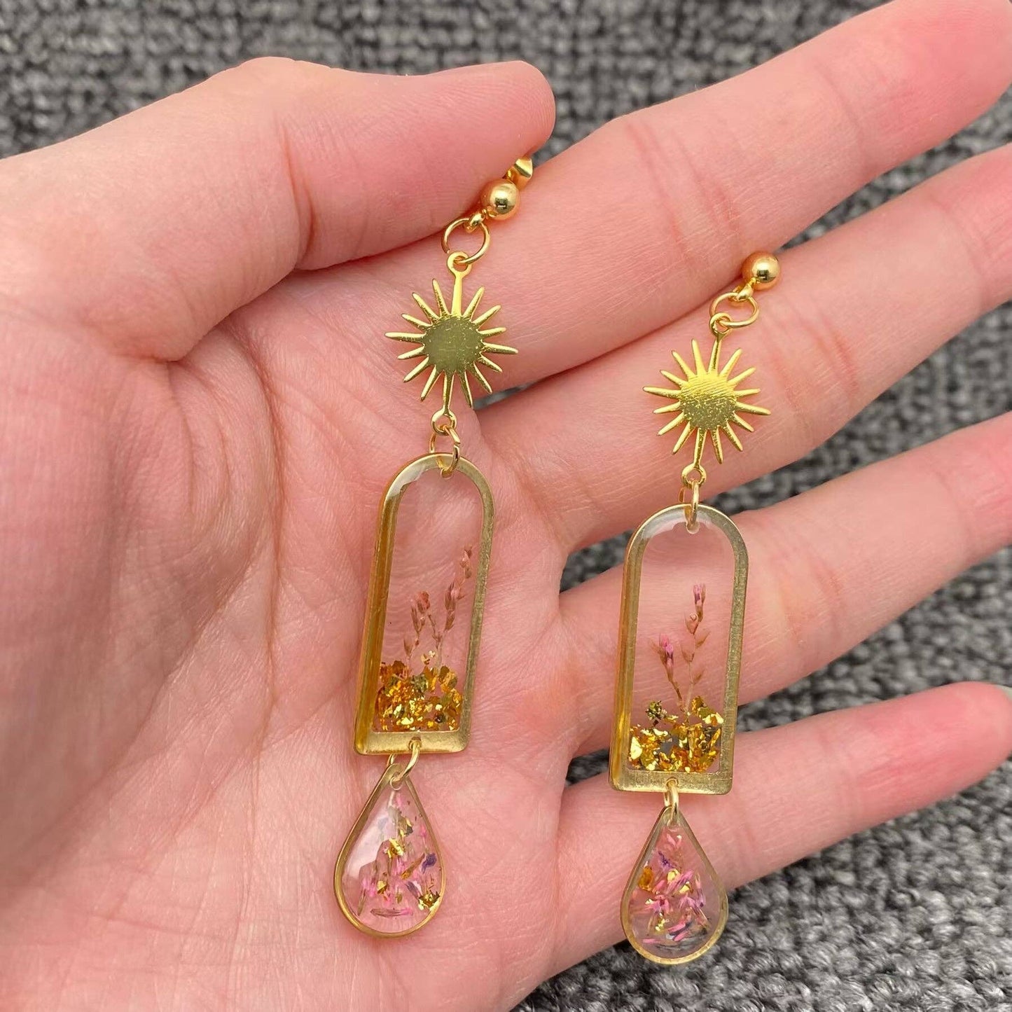 Dried Sage Flowers Geometric Charm Dangle Earrings