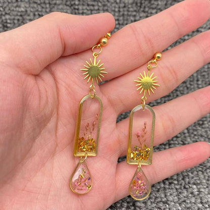 Dried Sage Flowers Geometric Charm Dangle Earrings