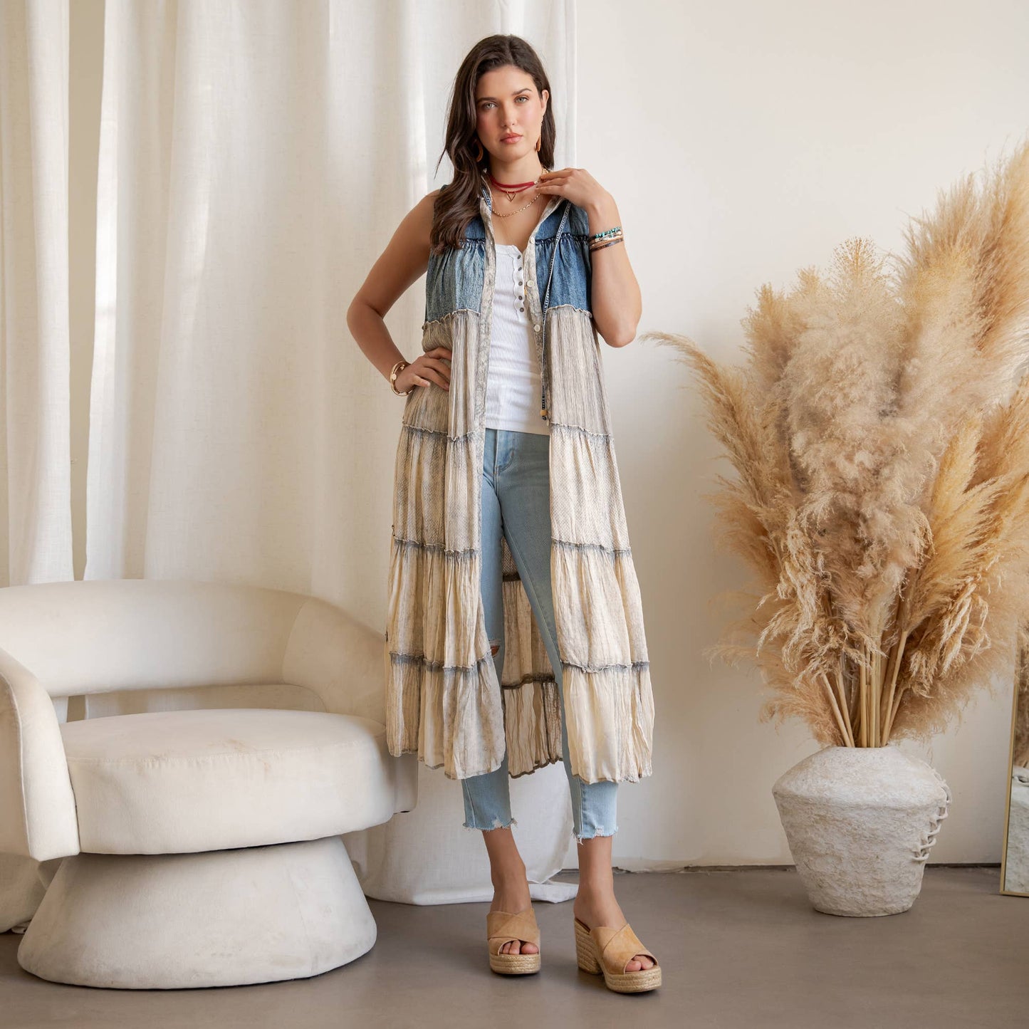 Curve Boho Tiered Duster With Hood - Latte