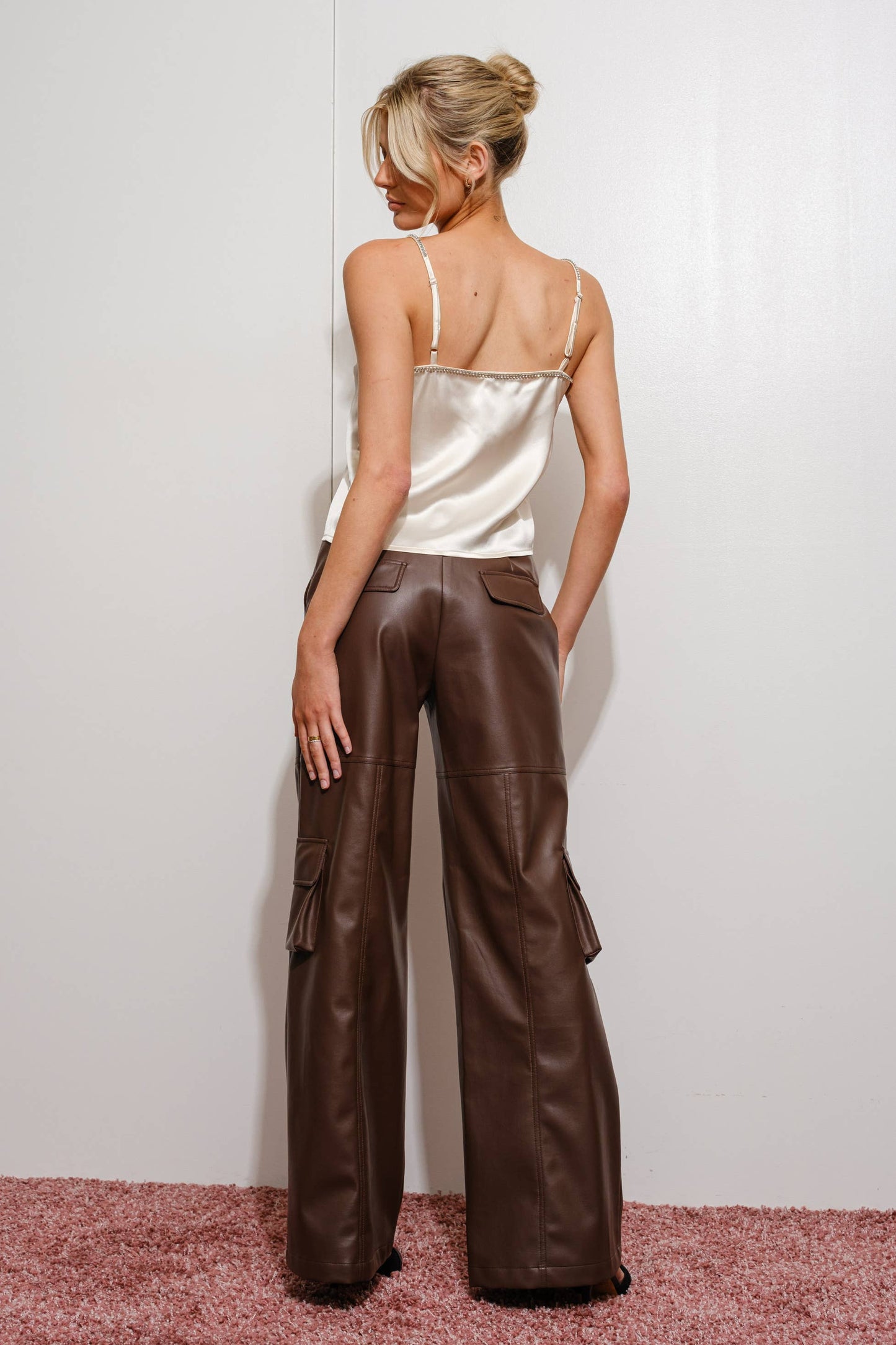 Vegan Leather Cargo Pants - Brown