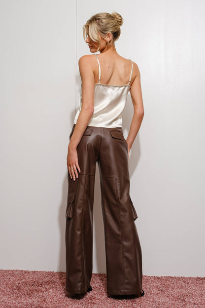 Vegan Leather Cargo Pants - Brown