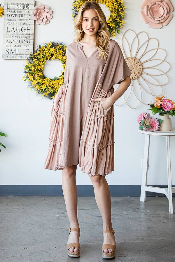 Mineral Washed Tiered Back Dress - Taupe