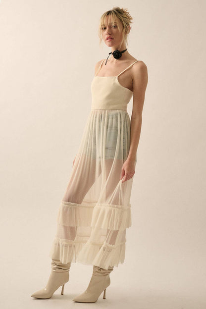 Solid Rib-Knit Bodice Pleated Organza Dress - Cream