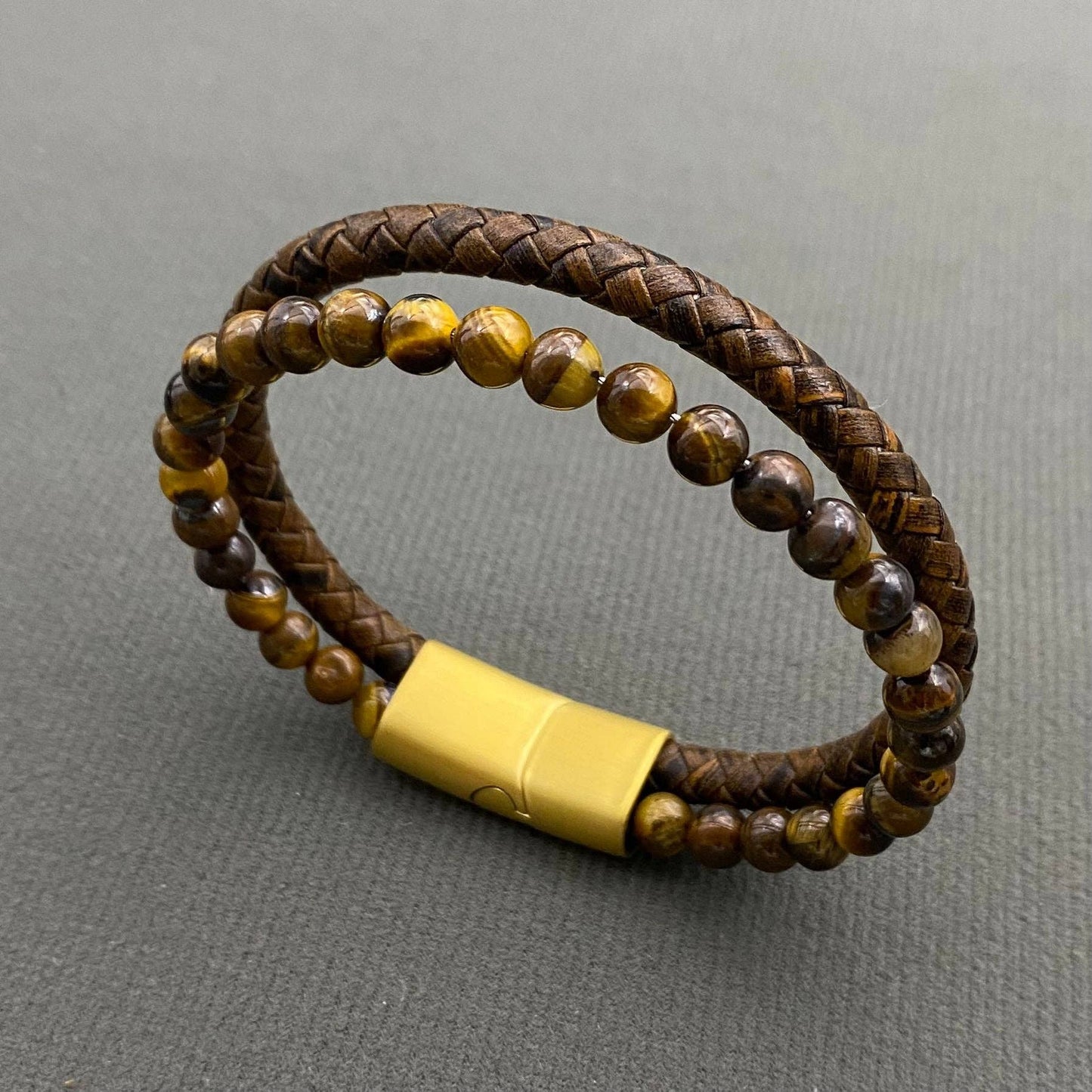 Men's Tiger Eye Stone Leather Double Layer Bracelet - MJ/BC